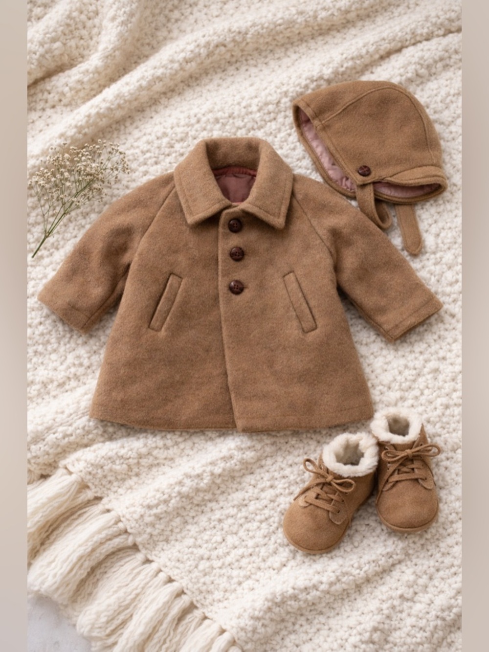 Vintage Baby Wool Coat Set Brown 12-18M Classic Cottagecore Heirloom Neutral USA